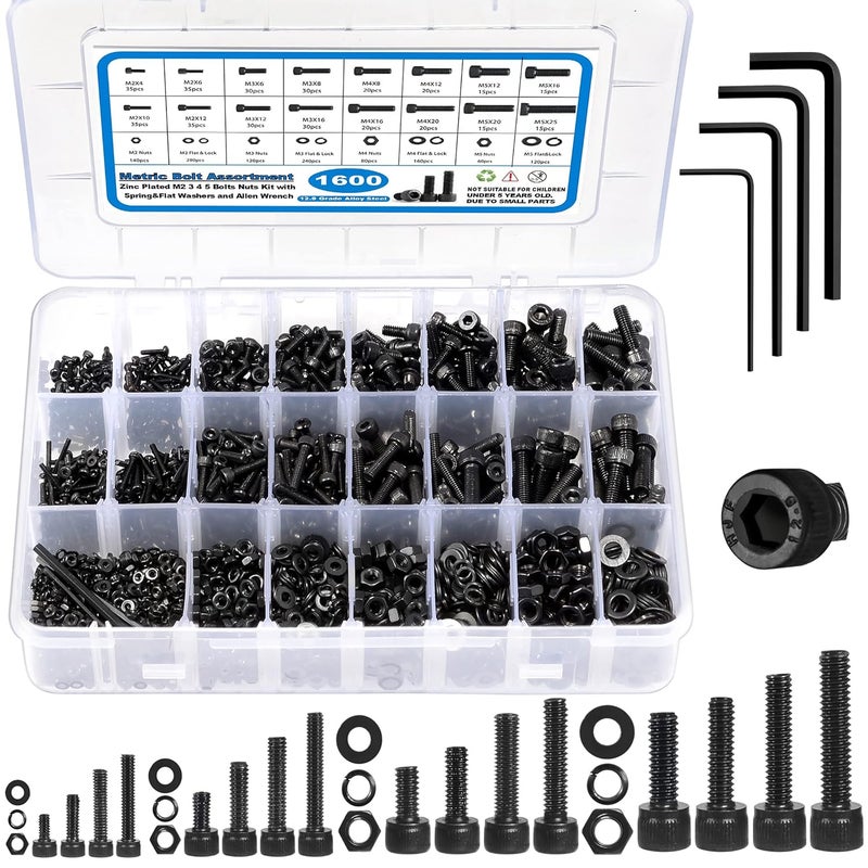 SATANTECH 1600PCS Metric Screw Assortment M2 M3 M4 M5, Grade 12.9 Alloy Steel Metric Bolts and Nuts Assortment Kit, Hex Socket Head Cap Metric Machine Screws Nuts and Bolts and Flat&Lock Washers Set - Image 1